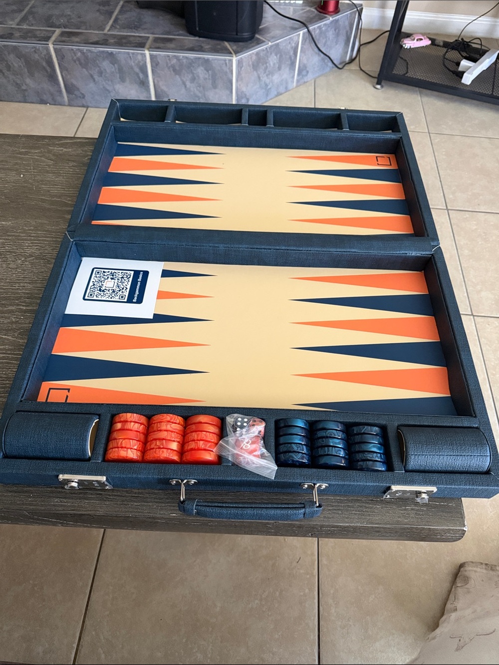 Portable Backgammon Set in Navy Blue with Orange and Cream Game Board